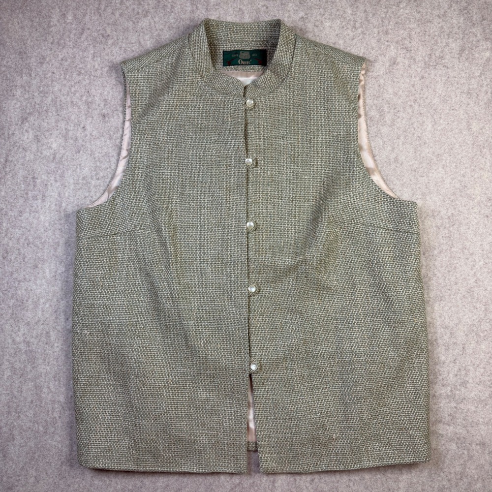 Orvis Womens 100% Silk Basketweave Vest Sage Green Tan Button Front Size 12 USA